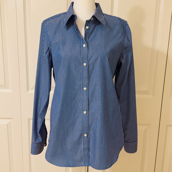 CHAPS Blue White Striped Long Sleeve Button Pinstripes Blouse Sz Medium - Picture 4 of 13